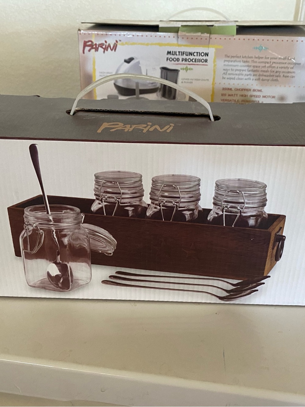 Parini Glass Mason Jar Condiment Set with Wooden Tray - Brown and Clear